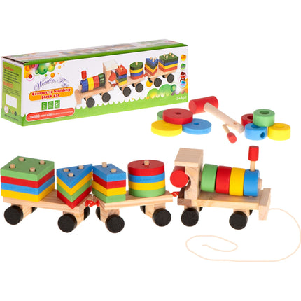 Houten Trein met blokken en vormen - Blokkentrein - Treinlocomotief - Speelgoedtrein - Educatie met vormen en kleuren