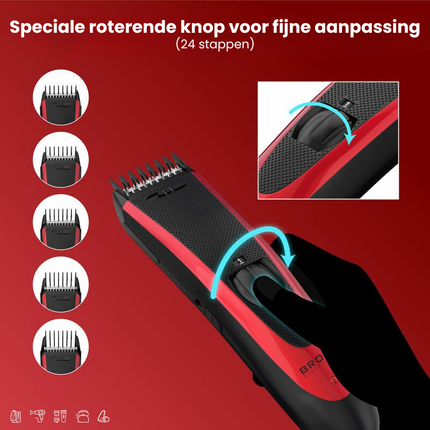 Brock Tondeuse & Trimmer voor Mannen – Draadloze Haartrimmer & Baardknipper – 24 Lengtestanden – RVS Mes – 45 Min – Rood