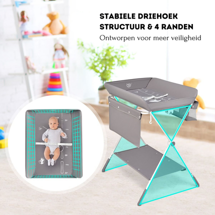 Baby Joy 4-in-1 Inklapbare Babycommode – Grijs – Verstelbaar – Met Wielen, Veiligheidsgordel & Opbergruimte – Luiertafel
