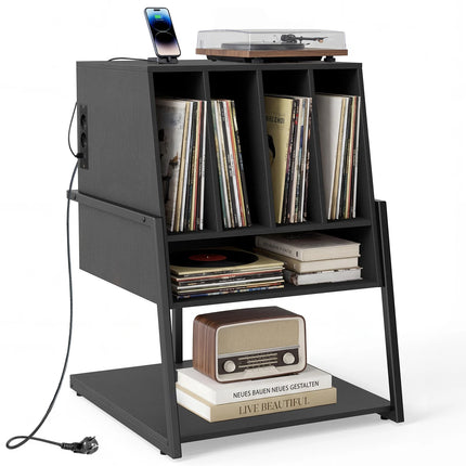 Platenspeler Meubel Zwart met LP Opbergkast – 4 Vinyl Vakken – Stopcontacten, USB &amp; USB-C – Met Wielen