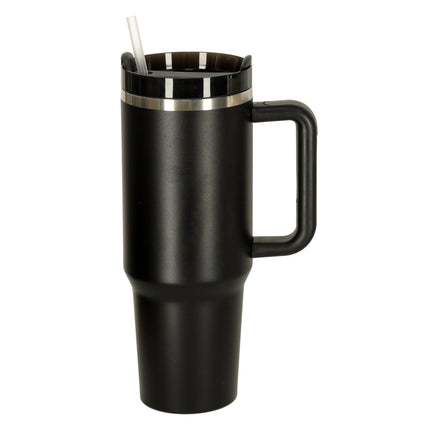 Thermosbeker 1200 ml met Rietje en Handgreep – Dubbelwandige RVS Drinkbeker – Lekvrij – Zwart