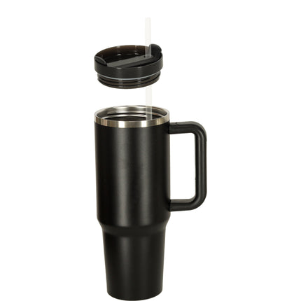 Thermosbeker 1200 ml met Rietje en Handgreep – Dubbelwandige RVS Drinkbeker – Lekvrij – Zwart