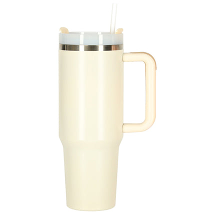 Thermosbeker 1200 ml met Rietje en Handgreep – Dubbelwandige RVS Drinkbeker – Lekvrij – Crème / Beige