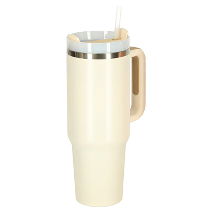 Thermosbeker 1200 ml met Rietje en Handgreep – Dubbelwandige RVS Drinkbeker – Lekvrij – Crème / Beige