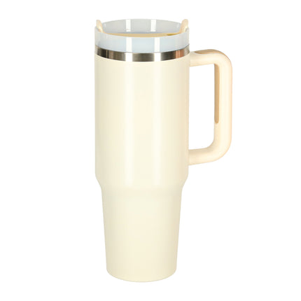 Thermosbeker 1200 ml met Rietje en Handgreep – Dubbelwandige RVS Drinkbeker – Lekvrij – Crème / Beige