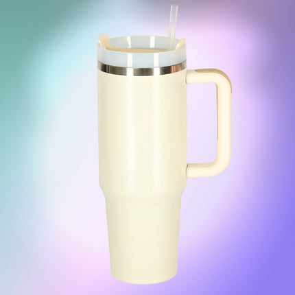 Thermosbeker 1200 ml met Rietje en Handgreep – Dubbelwandige RVS Drinkbeker – Lekvrij – Crème / Beige