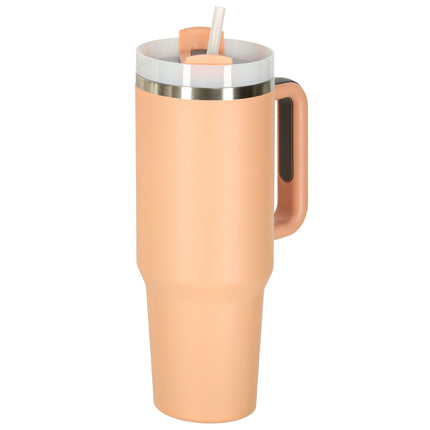 Thermosbeker 1200 ml met Rietje en Handgreep – Dubbelwandige RVS Drinkbeker – Lekvrij – Zalmroze