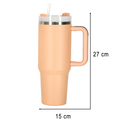 Thermosbeker 1200 ml met Rietje en Handgreep – Dubbelwandige RVS Drinkbeker – Lekvrij – Zalmroze