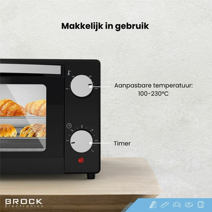 BROCK Elektrische Mini Oven 9L – Vrijstaande Compacte Oven – 650W – 100-230°C – Kleine Bakoven voor Camping of Keuken – Zwart