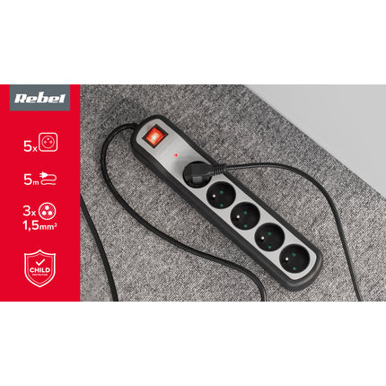 Verlengsnoer met stekkerdoos 5 voudig 5 meter snoer 3x 1,5mm2 - penaarde - kinderbeveiliging