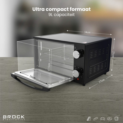 BROCK Elektrische Mini Oven 9L – Vrijstaande Compacte Oven – 650W – 100-230°C – Kleine Bakoven voor Camping of Keuken – Zwart