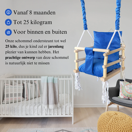 Luxe houten 3 in 1 blauwe meegroei baby schommel en kinder schommel – Baby swing – Schommel die meegroeit met je kindje - Schommelstoel - Schommels - handgemaakt