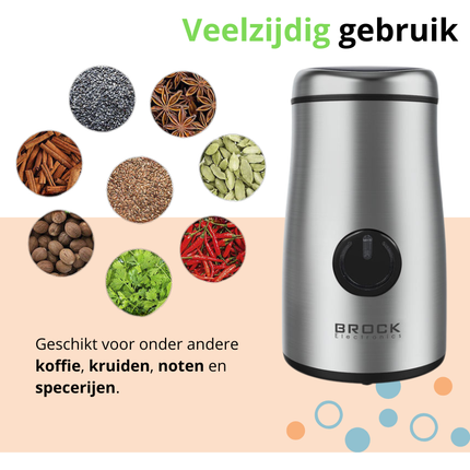 Brock Elektrische Koffiemolen 150W Zilver – Voor Koffiebonen, Kruiden, Noten & Specerijen – Stil, Snel & BPA-vrij – RVS Mes
