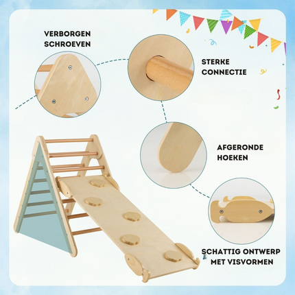 Trendmix 3 in 1 Houten Driehoek Klimrek Met Glijbaan - Montessori Klimdriehoek Met Klimplank - Natuurlijk Hout - Vanaf 1 Jaar - Maximaal 50 kg