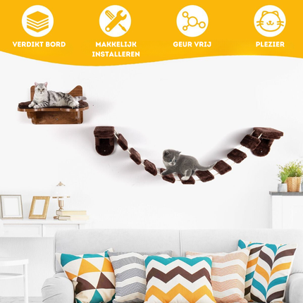 Trendmix Katten Klimmuur Met Bed en Loopbrug – Wandmontage – Duurzaam Hout – Voor Klimmen, Rusten en Spelen – Bruin