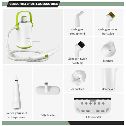 Costway Handstoomreiniger 1000W – Groen/Wit – 300 ml – 12 min Stoom – 10-delige Accessoireset – Voor Tapijt, Ramen & Bekleding