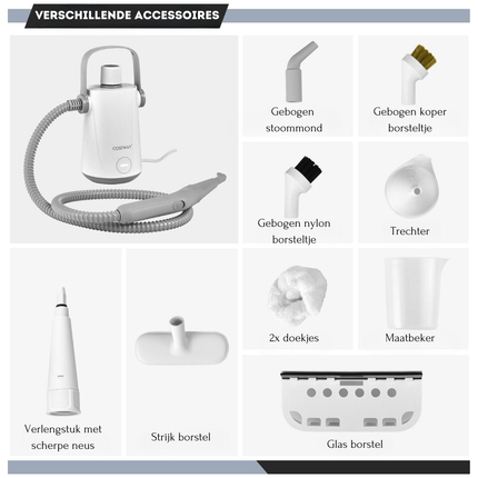 Costway Handstoomreiniger 1000 W – 300 ml Waterreservoir – 10-Delige Accessoireset – Voor Tapijt, Ramen, Bekleding – Grijs/Wit