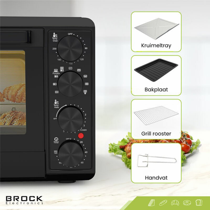 BROCK Elektrische Mini Oven 50L met 2 Keramische Kookplaten – 1800W Vrijstaande Combi Convectie Oven met Grill – Zwart