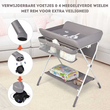 Baby Joy 4-in-1 Inklapbare Babycommode – Grijs – Verstelbaar – Met Wielen, Veiligheidsgordel & Opbergruimte – Luiertafel