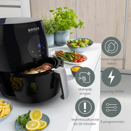 BROCK Digitale Airfryer 3.5L – 1200W Heteluchtfriteuse Zonder Olie – PFAS-vrij, Antiaanbaklaag & Touchscreen – Zwart