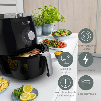 Brock Electronics Airfryer 3,5L – Heteluchtfriteuse zonder Olie – PFAS-vrij – 1300-1500W – Zwart – 6 Automatische Programma’s – Gezond Frituren – Compacte Airfryer voor Gezin of Single’s – Zwart