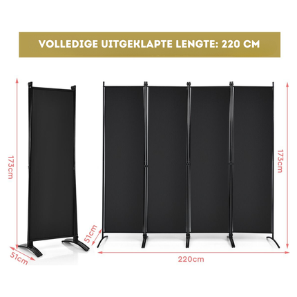 Trendmix Kamerscherm Zwart – Metalen Room Divider – Opvouwbare Binnenwand – 220 × 173 cm – Privacy Scherm voor Thuis en Kantoor