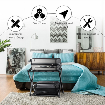 Trendmix Opvouwbaar Bagagerek Kofferstandaard - Bagagerek met Schoenenplank - Metaal Zwart 68 x 44 x 57 cm