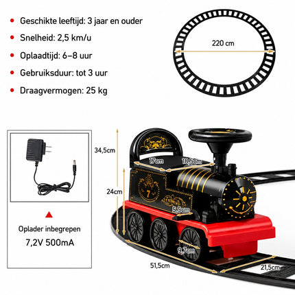Elektrische Kindertrein met Treinbaan – 16-delige Rail 220 cm – Licht & Geluid – 2,5 km/u – Zwart/Rood