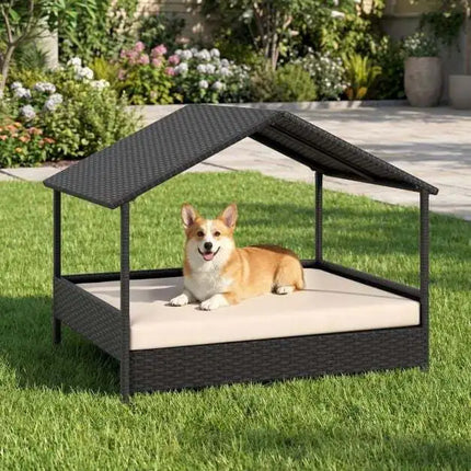 Hondenhuis Rotan Verhoogd met Dak en Wasbaar Kussen – Hondenmand voor Buiten en Binnen – Weerbestendig – Beige/Grijs – 98 x 69 x 72 cm