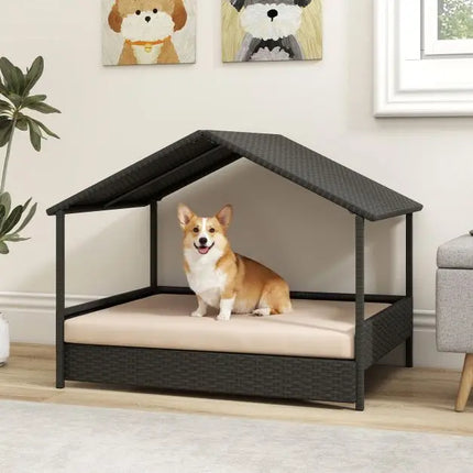 Hondenhuis Rotan Verhoogd met Dak en Wasbaar Kussen – Hondenmand voor Buiten en Binnen – Weerbestendig – Beige/Grijs – 98 x 69 x 72 cm