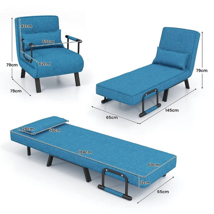 Trendmix 4-in-1 Slaapstoel Blauw – Inklapbare Slaapbank – Verstelbare Rugleuning – Slaapfauteuil 1 Persoon – Tot 150 kg Draagvermogen
