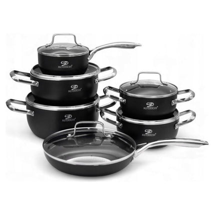 Meyerhoff Premium Pannenset 12‑delig – Aluminium – Zwart – Inclusief Koekenpan, Steelpan & Glazen Deksels – Geschikt voor Inductie