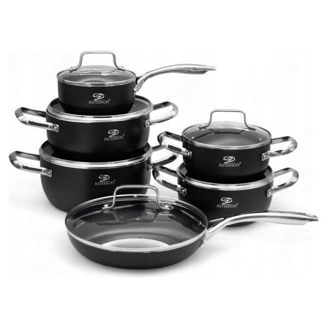 Meyerhoff Premium Pannenset 12‑delig – Aluminium – Zwart – Inclusief Koekenpan, Steelpan & Glazen Deksels – Geschikt voor Inductie