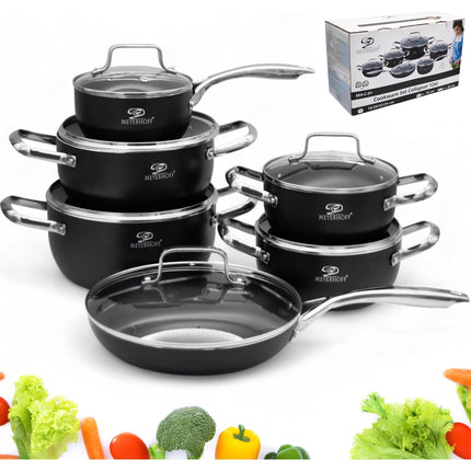 Meyerhoff Premium Pannenset 12‑delig – Aluminium – Zwart – Inclusief Koekenpan, Steelpan & Glazen Deksels – Geschikt voor Inductie