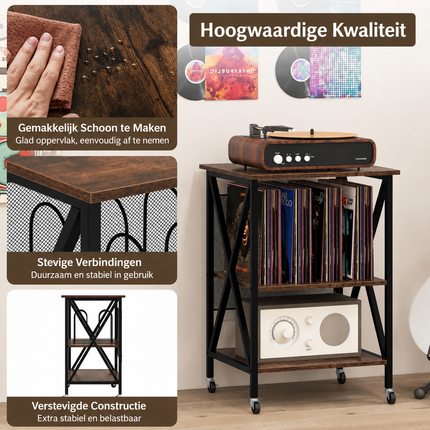 Platenspeler Meubel Met 2 Geïntegreerde Stopcontacten – Vinyl Opbergkast voor 250 LP's – Verrijdbare Platenkast met USB-A & USB-C – Industrieel Bruin