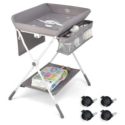 Baby Joy 4-in-1 Inklapbare Babycommode – Grijs – Verstelbaar – Met Wielen, Veiligheidsgordel & Opbergruimte – Luiertafel