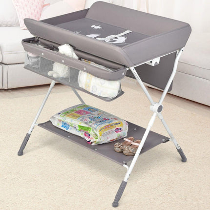 Baby Joy 4-in-1 Inklapbare Babycommode – Grijs – Verstelbaar – Met Wielen, Veiligheidsgordel & Opbergruimte – Luiertafel