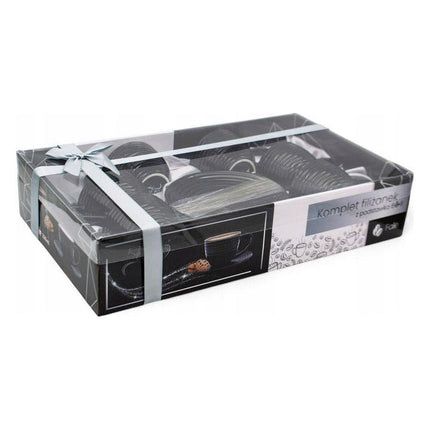 Bella Fiore Porseleinen Koffiekopjes Set – 6 Luxe Zwarte Kopjes met Schoteltjes – 220 ml – Geschenkdoos voor Koffieliefhebbers