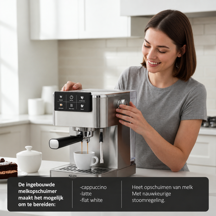 Adler Espressomachine 20 Bar 1350W – Pistonmachine met Melkopschuimer – Thermoblock – RVS