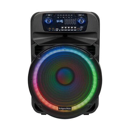 Krüger & Matz KM1718 Mobiele Actieve Luidspreker Party Speaker Box LED ring (met 2 UHF draadloze microfoons, SD, Bluetooth, FM, USB) 60 Watt zwart