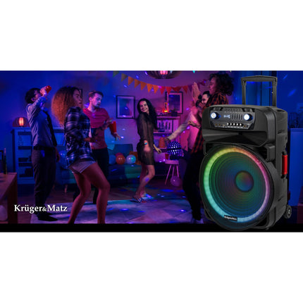 Krüger & Matz KM1718 Mobiele Actieve Luidspreker Party Speaker Box LED ring (met 2 UHF draadloze microfoons, SD, Bluetooth, FM, USB) 60 Watt zwart