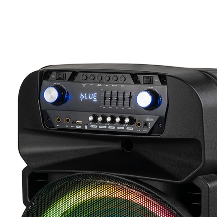Krüger & Matz KM1718 Mobiele Actieve Luidspreker Party Speaker Box LED ring (met 2 UHF draadloze microfoons, SD, Bluetooth, FM, USB) 60 Watt zwart
