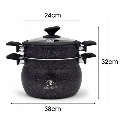Meyerhoff Stoompannenset 3-delig Ø 24 cm – 9 L – RVS met Marmercoating – Geschikt voor Inductie – Zwart