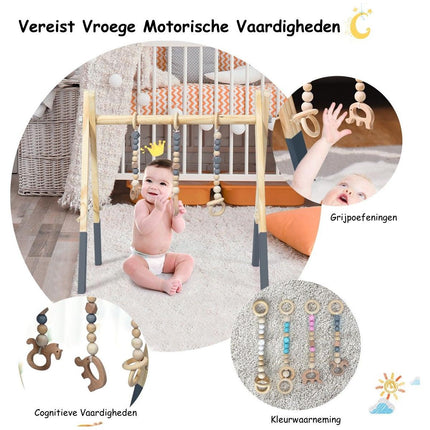 Trendmix Houten Babygym – Met 3 Hangers – Naturel Hout & Grijs – Speelplezier vanaf 3 Maanden – 60×44×60 cm