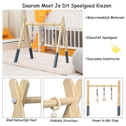 Trendmix Houten Babygym – Met 3 Hangers – Naturel Hout & Grijs – Speelplezier vanaf 3 Maanden – 60×44×60 cm