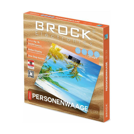 Brock Digitale Personenweegschaal met Tropische Strandprint – 30×30 cm – 180 kg – LCD Display – Automatische Inschakeling – Inclusief Batterijen