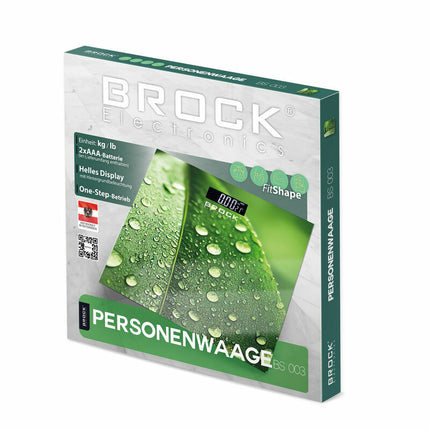 Brock BS‑003 Digitale Personenweegschaal – 30 × 30 cm – 180 kg – Stijlvol Blad‑motief – Helder Verlicht Display – Inclusief 2x AAA Batterijen – Eenvoudige Eén‑stap Weegfunctie