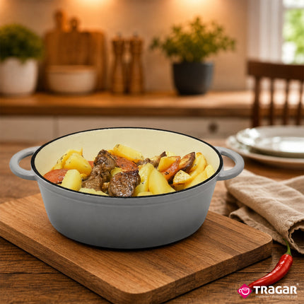 Gietijzeren Braadpan 4,3L met Deksel – Ovale Geëmailleerde Stoofpan & Braadslede – 30 cm – Grijs