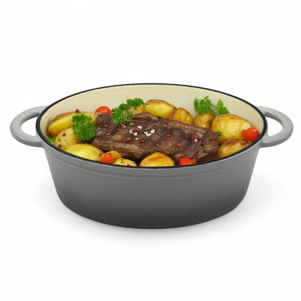 Gietijzeren Braadpan 4,3L met Deksel – Ovale Geëmailleerde Stoofpan & Braadslede – 30 cm – Grijs