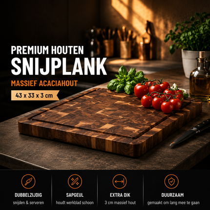 Houten Snijplank Acaciahout 43x33 cm – Grote Snijplank met Sapgeul – Luxe Serveerplank & Hakblok
